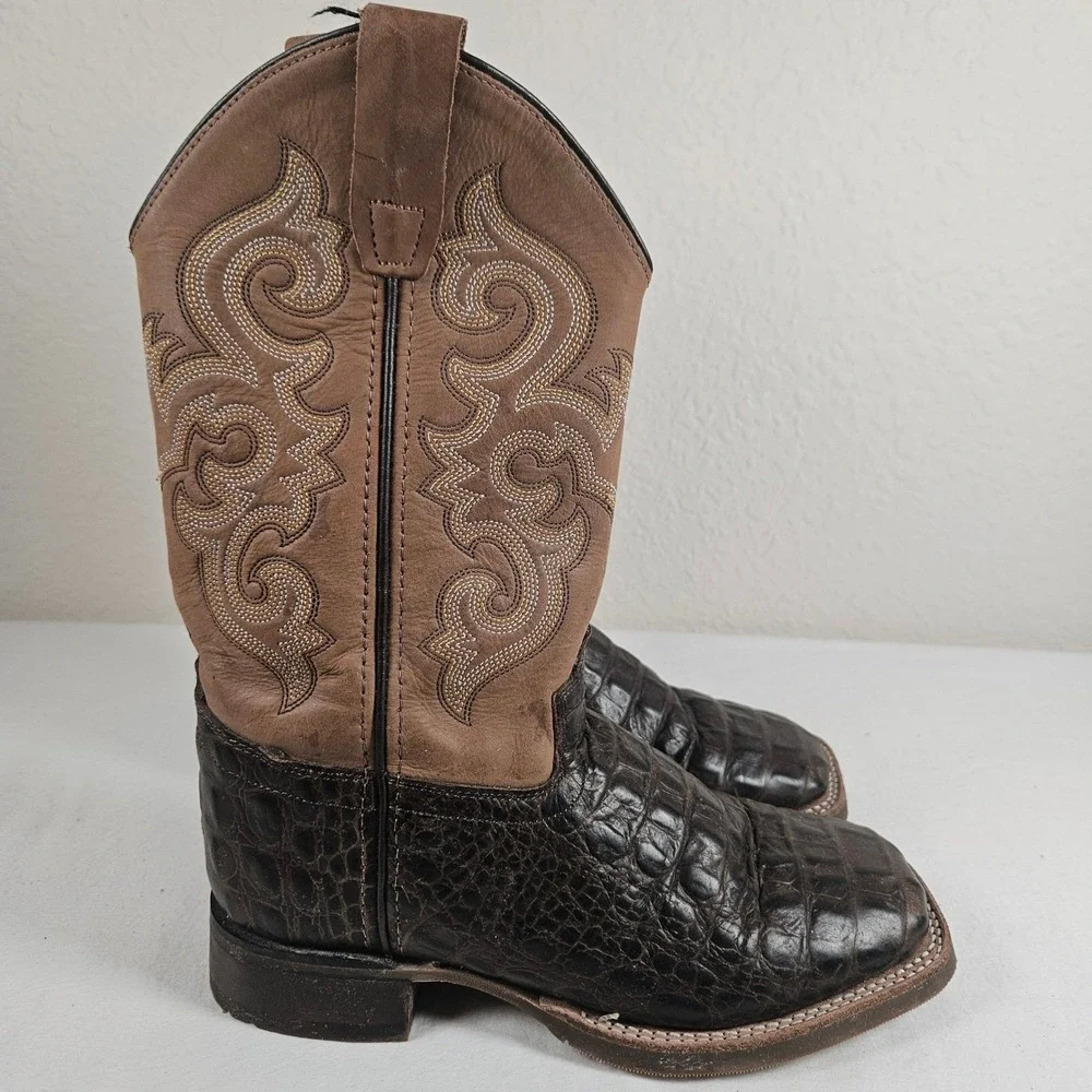 Old West BSY1832 Youth Cowboy Boots Brown Caiman Print Leather Square Toe SZ 4D